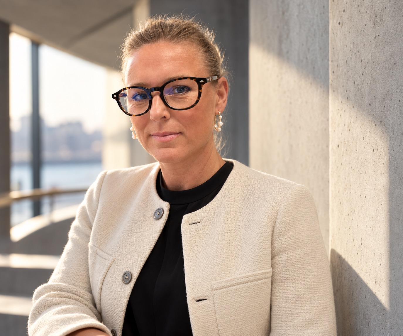 Anna in a light jacket, standing by a concrete wall in warm natural light